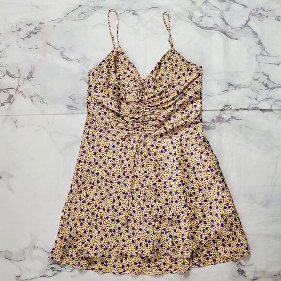 Zara Dresses & Skirts - Zara Satin Effect Purple Floral Ruched Mini Slip Dress